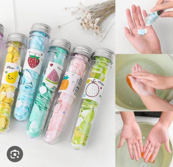 100 PCS Disposable Flower Paper Soap with Portable Tube Bottle – Multi-Color Travel Soap Sheets for Hand Washing, Camping, and Outdoor Use ( Random Color )