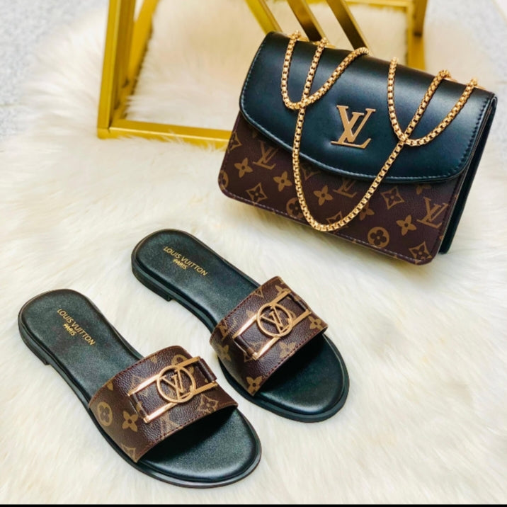 LV Sleek branded chappal with gold chain handbag & logo-perfect for everyday glam